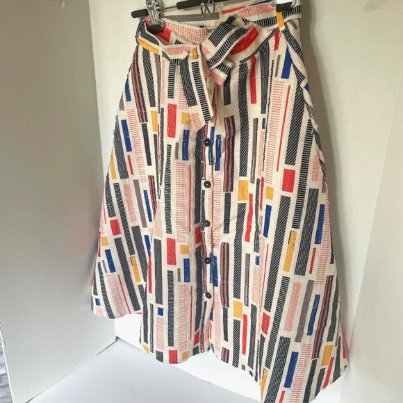 Anthropologie 50’s A-Line Midi Skirt 6 Button Front Striped Belted Pockets Hutch - Picture 5 of 9